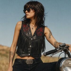 Interstate Leather Black Leather Fringe Vest‎ with Red Roses Sz XXL